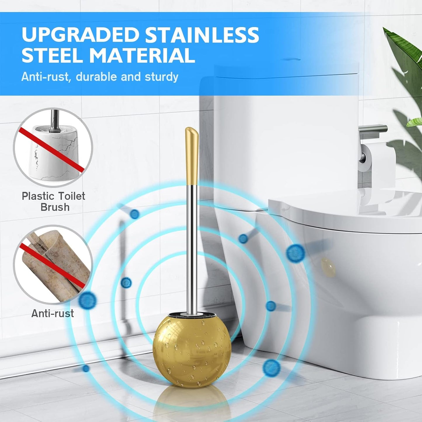 Toilet Brush and Holder 2 Pack, 304 Stainless Steel Toilet Brush with Extended and Durable Comfortable Brush Handle, Toilet Bowl Brush for Bathroom Toilet - Ergonomic, Pratical Durable (Gold)