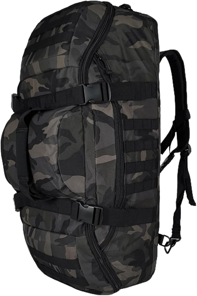 Travel Gym Duffle Bag Tactical, for Men Women Multi-functional Backpack, 3 in 1 Shoulder Bag Backpack Handbag for Sports Hiking Camping, Water Resistant Easy Clean (Black Camo, 55L)