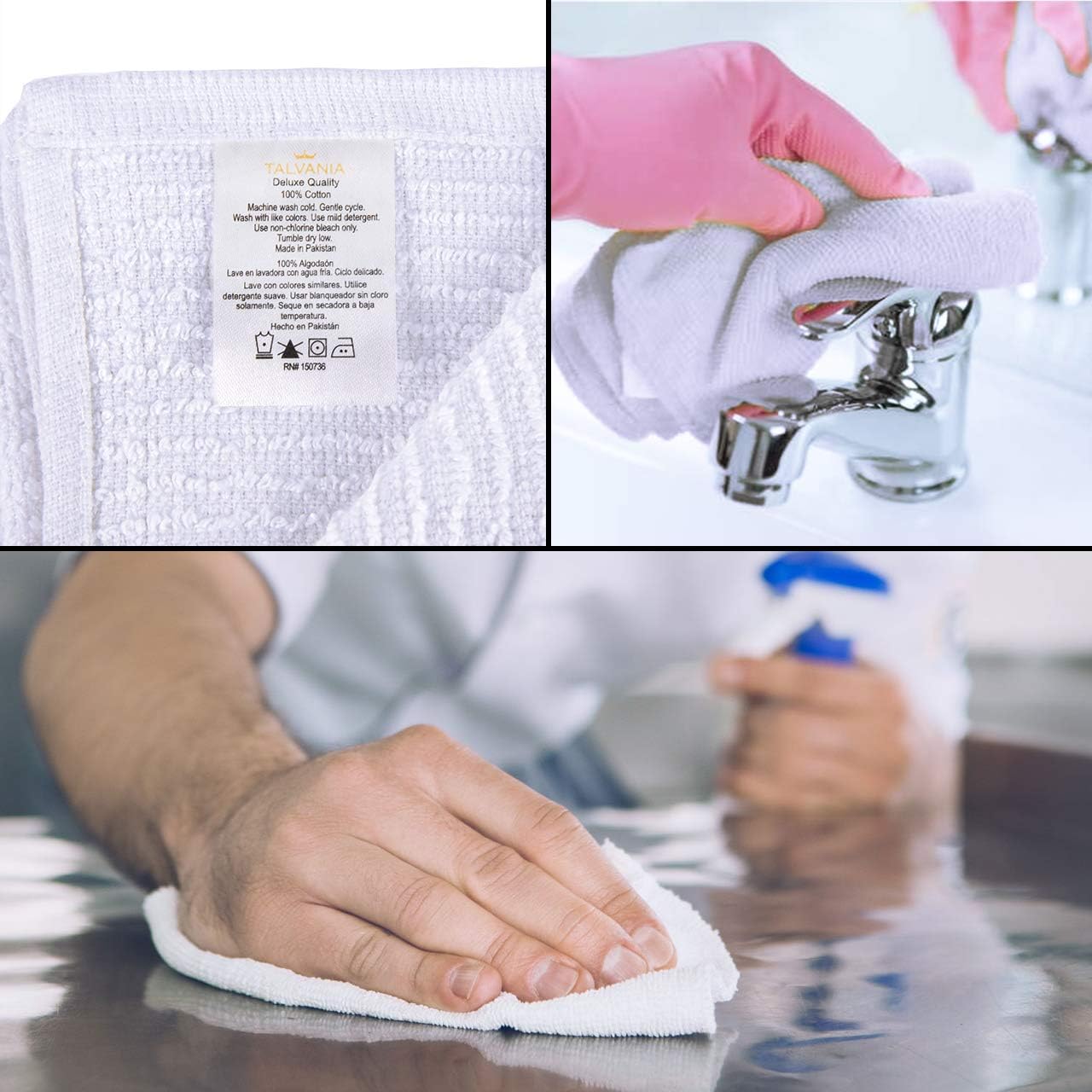 Bar Mop Towels 16”x19”, White Kitchen Bar Towel 12 Pack, 100% Cotton Ribbed Cleaning Cloths Rags, Super Absorbent Terry Shop Towels for Home Restaurant Commercial Use