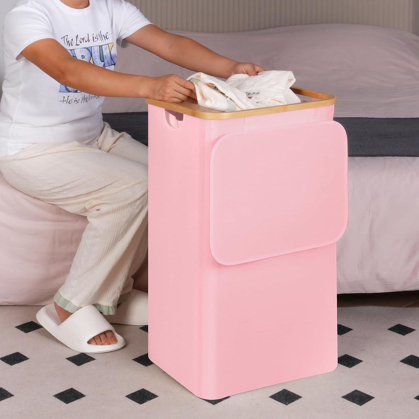 26 Gal Laundry Basket with Lid and Net Bag, Tall Laundry Hamper with Bamboo Handles, Aesthetic Dirty Clothes Bin for Laundry Room, Bathroom, Bedroom and Dorm, Pastel‌