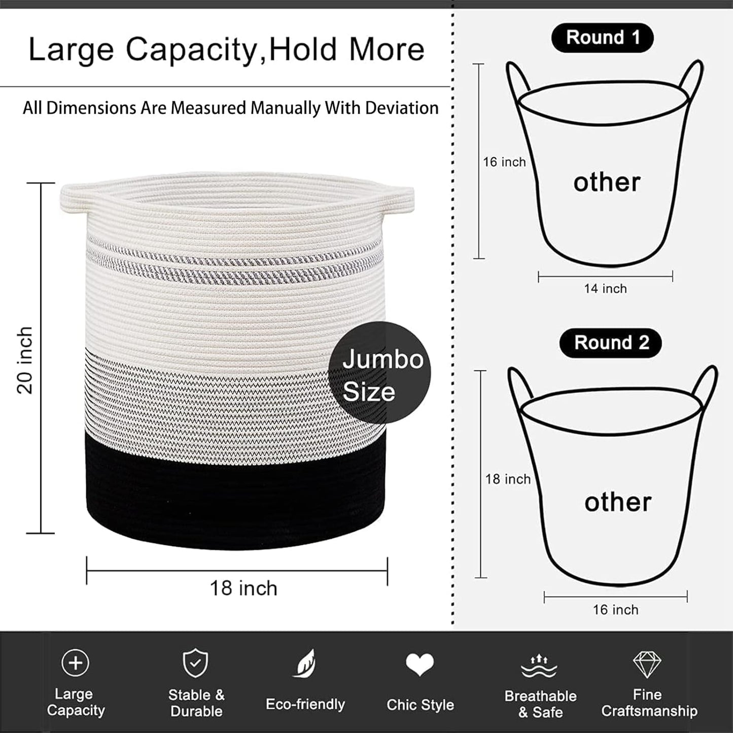 OIAHOMY 80L Laundry Hamper,Storage Basket with Handles,Decorative Basket for Living room,Woven Storage Basket for Toys Bin,Pillows, Blankets,Clothes-20x18in-Gradient Dark