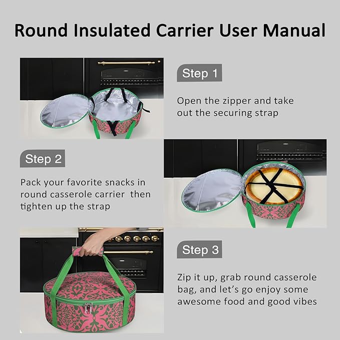 Round Portable Insulated Thermal Dish Carrier Bag for Pie and Cake Transport to Keep Food Hot/Cold/Fresh for Lunch, Potlucks Parties Gathering,Cookouts,Church Dinner,Outdoor Events-Pink