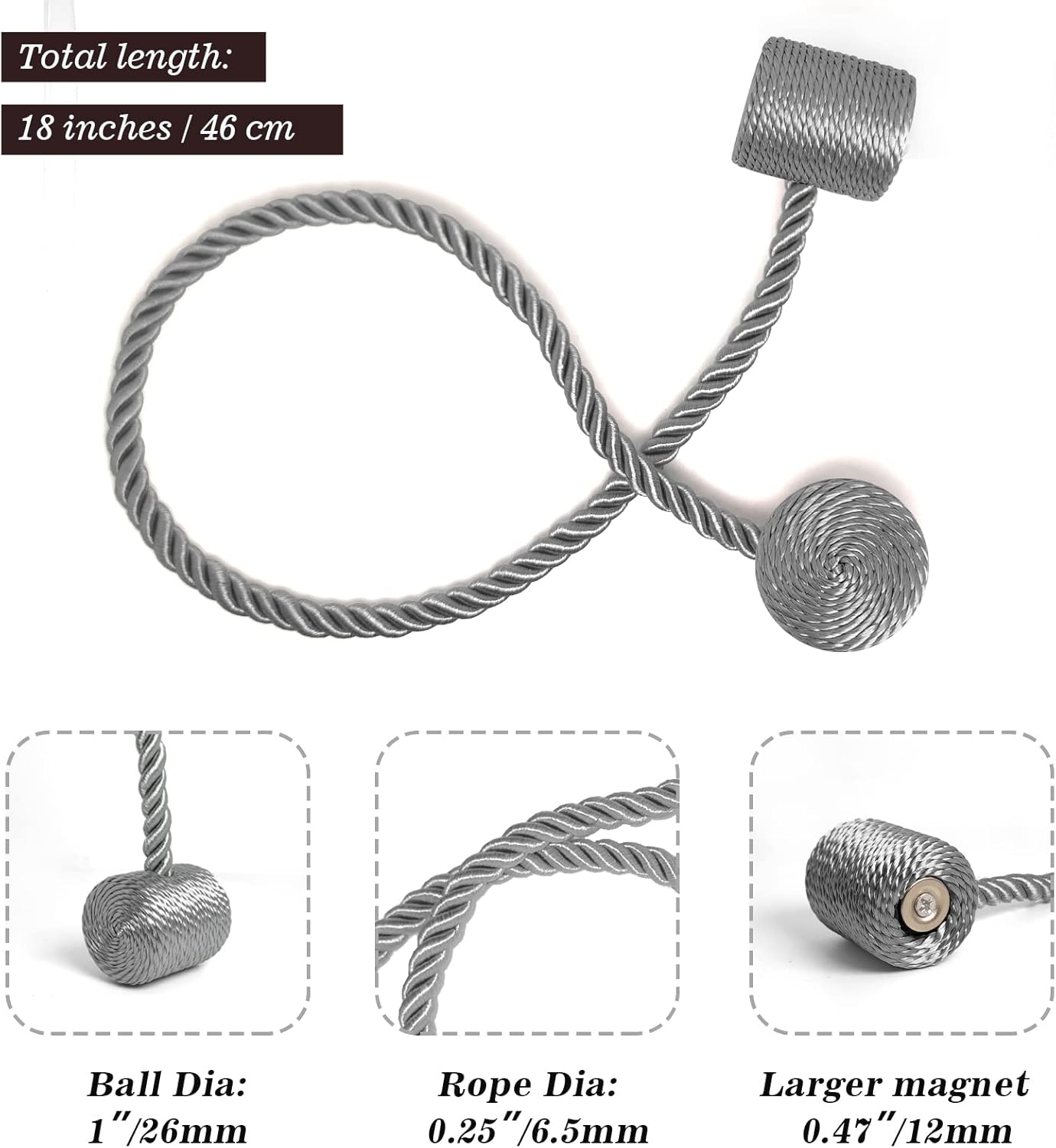 Hion Magnetic Curtain Tiebacks Grey 4 Pack, Curtain Tiebacks Buckles Holdbacks Holders Hooks Clip for Home Bedroom Office Decorative Thick or Thin Curtain