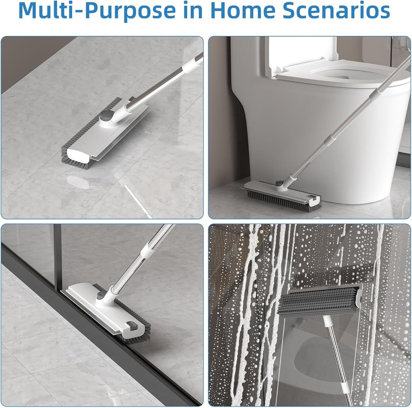 Scrub Brush with Long Handle, Floor Scrub Brush Squeegee Broom for Cleaning, 3 in 1 Shower Scrubber Floor Broom Squeegee for Concrete Tile Wall Deck Patio White