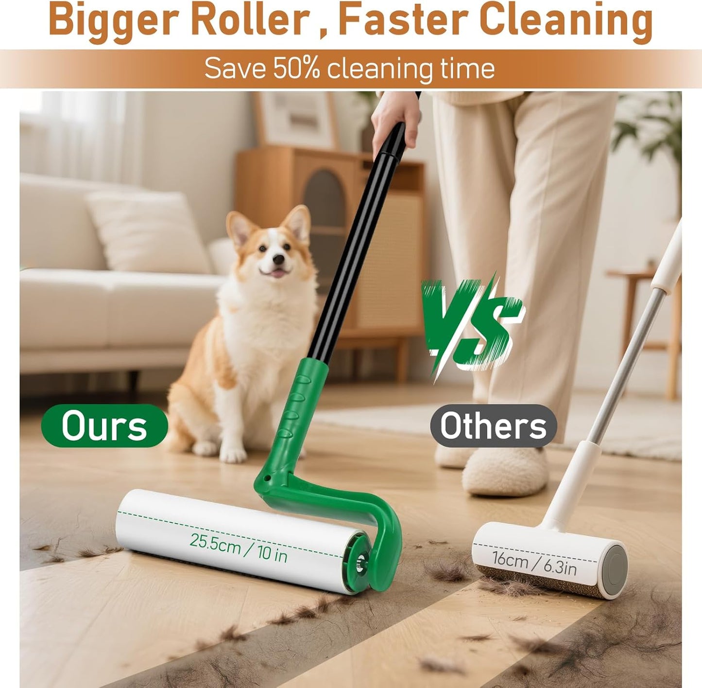 10" Large Lint Roller for Pet Hair Extra Sticky, Long Handle Floor Sticky Rollers with Big Lint Roller Refills for Cleaning Carpets, Cars, Furniture,Clothing, and Pet Hair,Green