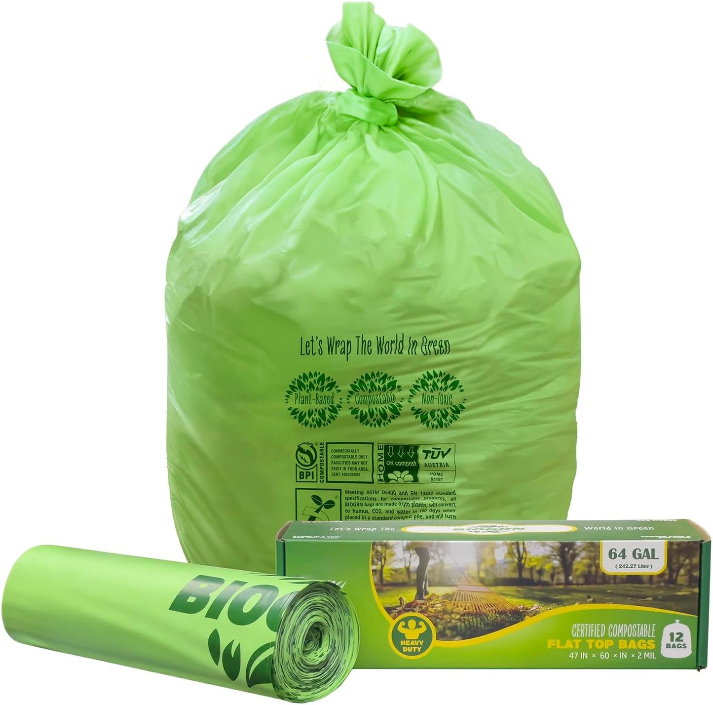 60-64 Gallon Compost bags BPI Certified Compostable Bags Heavy Duty Extra Thick 2 Mil, 242.27 Liter, 12 Bags, Leaf Bag, Lawn, Yard, and Restaurant Use, ASTM D6400, OK Compost Home Certified