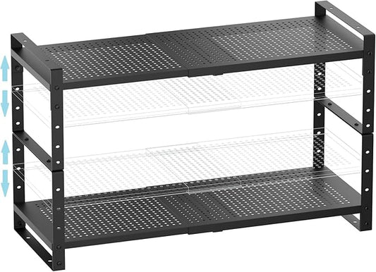 Expandable Spice Rack, Stackable Metal Pantry Storage Shelves Stand, Adjustable Height Cabinet Shelf Organizer Racks(2PACKS/Black,Medium)