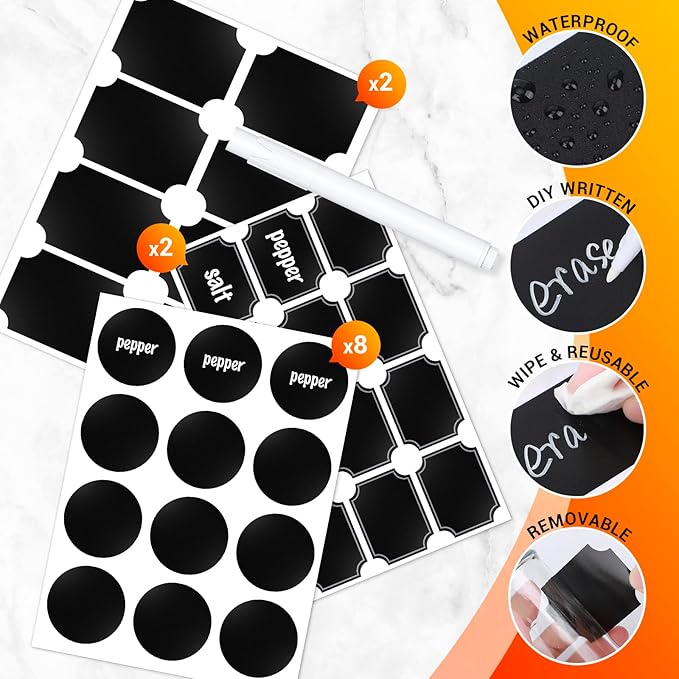 Segarty Spice Jar with Labels Set, 6 Pack 10oz Large Spice Jars with Shaker Lids, Empty Glass Spices Bottles for Salt Pepper Sugar, Seasoning Shakers with 136 Stickers, 1 Chalk Marker and 1 Brush