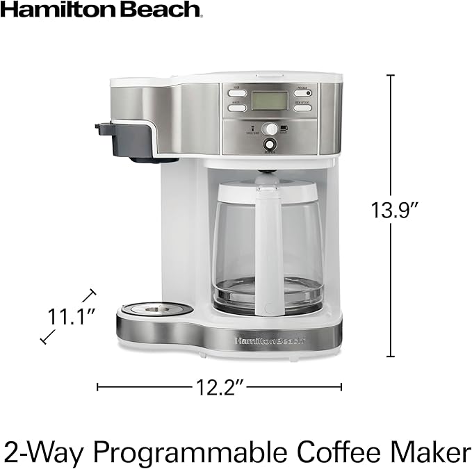 Hamilton Beach 49933 2-Way 12 Cup Programmable Drip Coffee Maker & Single Serve Machine, Glass Carafe, Auto Pause and Pour, White