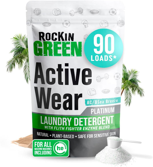 Rockin' Green Laundry Detergent, Plant based, All Natural Laundry Detergent Powder, Vegan and Biodegradable Odor Fighter, Safe for Sensitive Skin (Active Wear 90 Loads - AC/DSea Breeze)