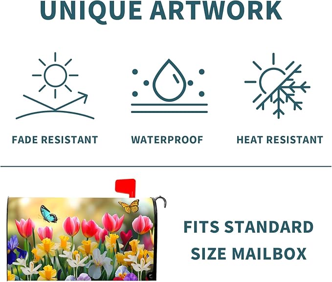 Spring Flowers Mailbox Covers Magnetic Standard Size 21’’x18’’ Floral Butterfly Letter Box Wrap Spring Summer Seasonal Waterproof Post Letter Box Wrap Decor for Home Outdoor Garden Yard