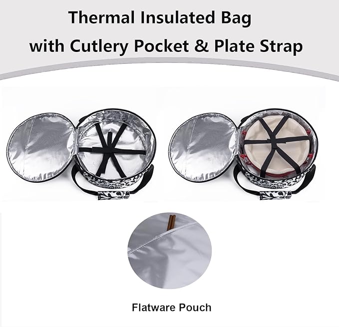 Round Portable Insulated Thermal Dish Carrier Bag for Pie and Cake Transport to Keep Food Hot/Cold/Fresh for Lunch, Potlucks Parties Gathering,Cookouts,Church Dinner,Outdoor Events-Black