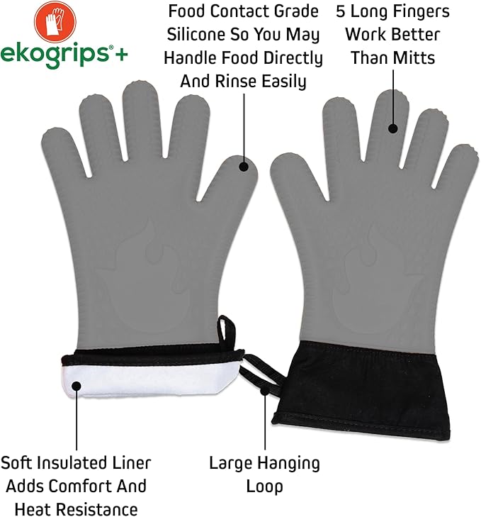 Ekogrips Plus Oven Gloves with Fingers, Comfy Waterproof Silicone Oven Mitts Heat Resistant with Long Cuff, Insulated BBQ Gloves Perfect for Grilling, Baking, Smoker, Canning, and Pizza, Grey, OSFM