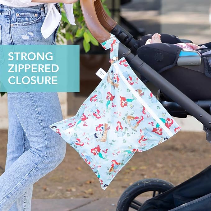 Bumkins Disney Ariel Waterproof Wet Bag for Baby, Travel, Swim Suit, Cloth Diapers, Pump Parts, Pool, Beach, Gym Clothes, Toiletry, Hook to Stroller, Daycare, Zipper Reusable Wetdry Packing Pouch