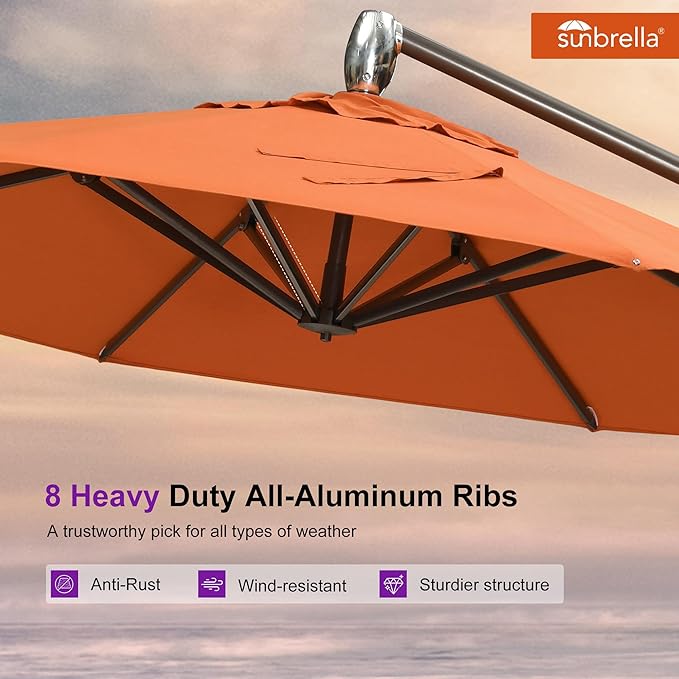PURPLE LEAF 10FT Cantilever Patio Umbrella with 360-degree Rotation Aluminum Round Outdoor Offset Handing Umbrella for Patio Pool, Burnt Orange