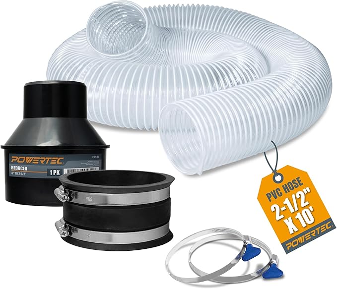 POWERTEC 70492 2-1/2" x 10' PVC Dust Collection Hose w/ 2pcs Stainless Steel Key Hose Clamps, 4" to 2-1/2" Reducer and 4" Dust Control Flex Cuff, for Table Saw, Band Saw, Router Table, Woodworking