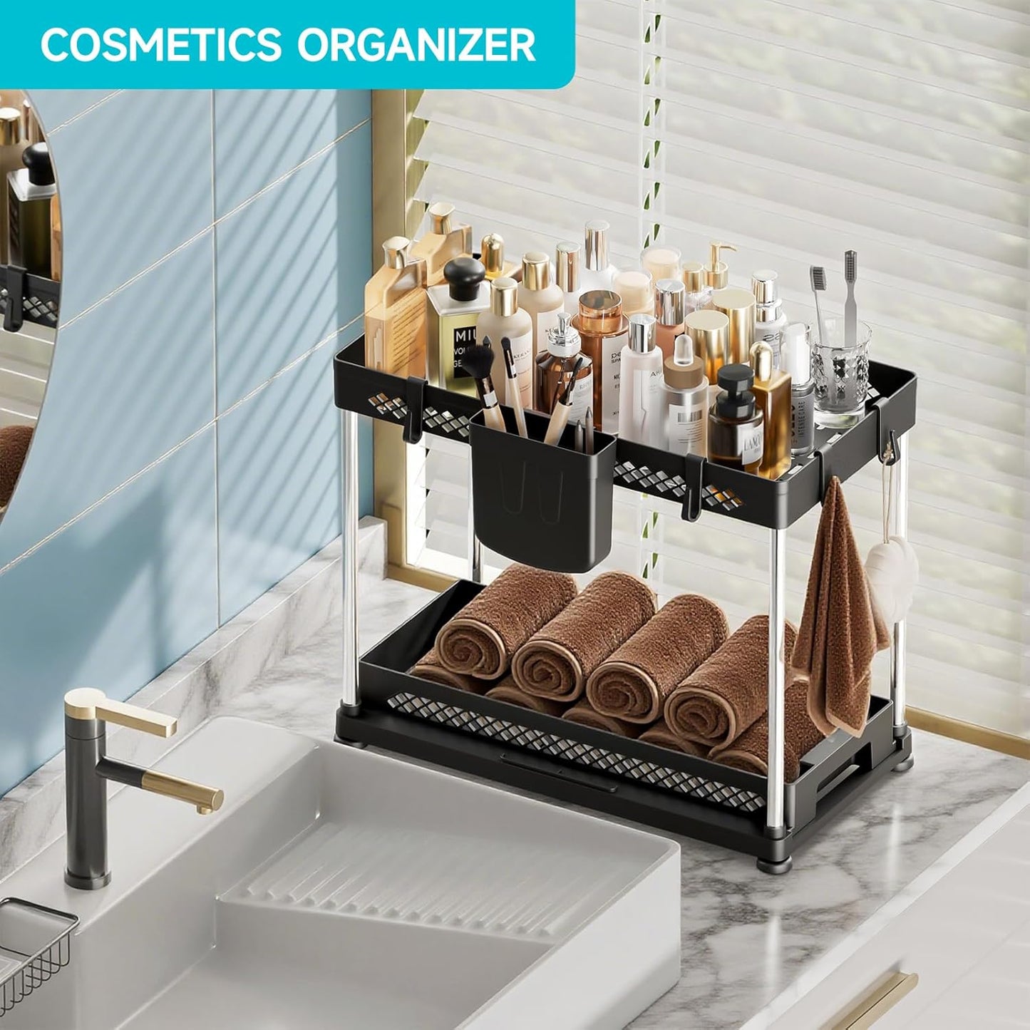 Under Sink Organizer, 2 Tier Pull Out Cabinet Organizer with Hooks Hanging Cup, Easy Installation & Rust-resistant, Multi-Purpose Storage Shelf for Kitchen Bathroom Pantry (Black,1 Pack)