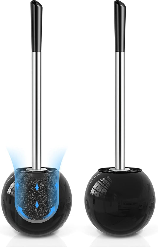Toilet Brush and Holder 2 Pack, 304 Stainless Steel Toilet Brush with Extended and Durable Comfortable Brush Handle, Toilet Bowl Brush for Bathroom Toilet - Ergonomic, Pratical Durable (Black)