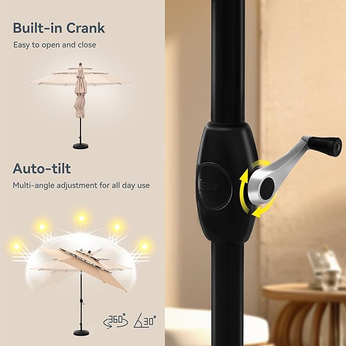 PHI VILLA 10ft Patio Umbrellas, Outdoor 3 Tier Vented Large Market Table Umbrella with 8 Sturdy Ribs and 1.5" Umbrellla Pole for Lawn Poolside Garden Terrace, Beige(No Base)