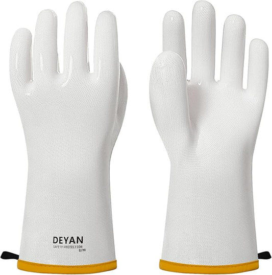 DEYAN Silicone BBQ & Oven Gloves - Food Grade, Heat Resistant Waterproof & Oil Proof Gloves for Grilling, Baking, Frying, Cooking - Long Sleeve & Non-Slip Grip, 1 Pair (White, 10/XL)