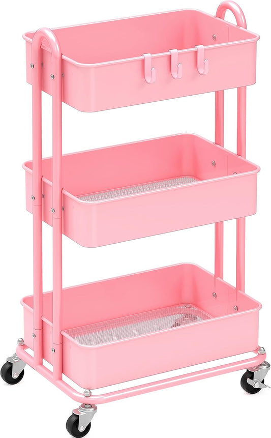 Simple Houseware 3-Tier Heavy Duty Metal Utility Rolling Cart, Pink