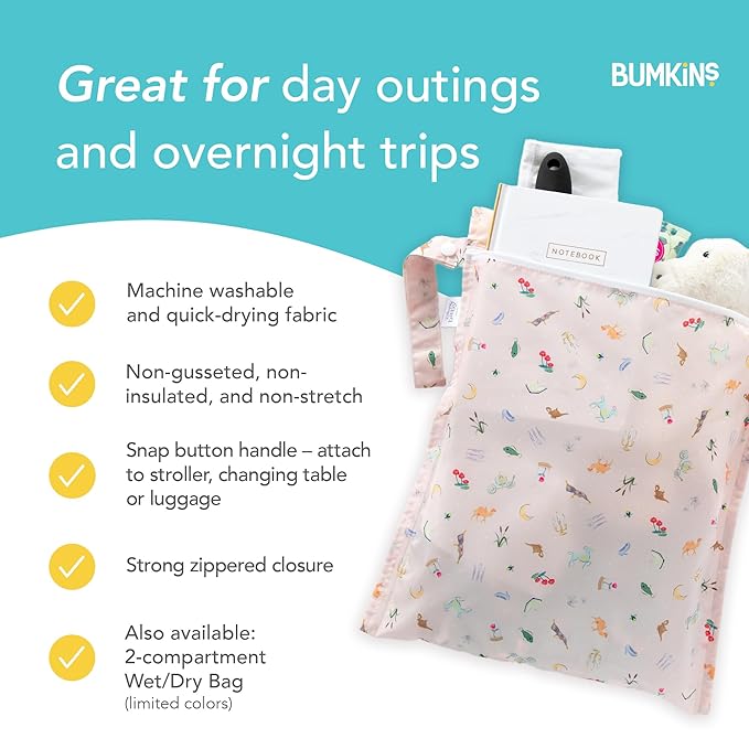 Bumkins Disney Waterproof Wet Bag for Baby, Travel, Swim Suit, Cloth Diapers, Pump Parts, Pool, Beach, Gym Clothes, Toiletry, Hook to Stroller, Daycare, Zip Reusable Wetdry Pack, Princess Magic Pink