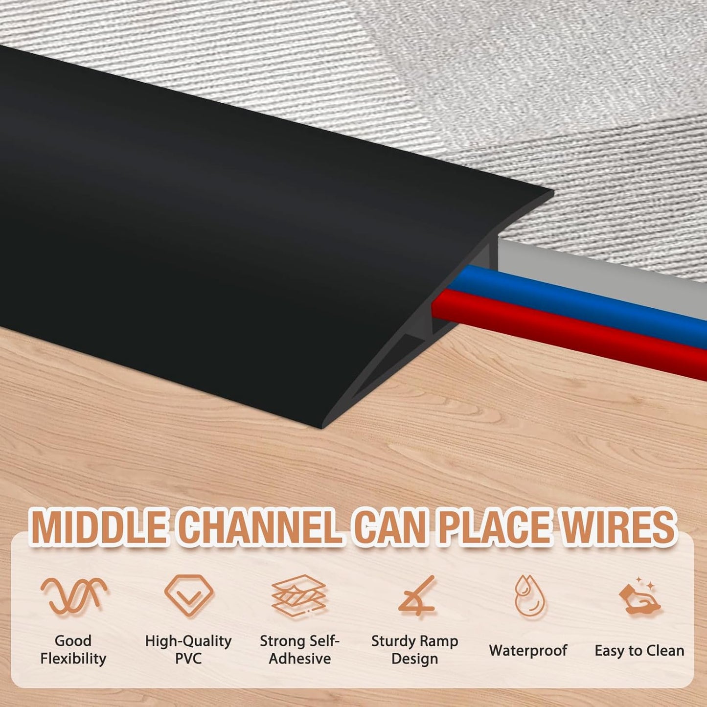 Floor Transition Strip Self Adhesive Vinyl Door Threshold for Doorways Carpet Edging Trim Overlap Edge Reducer for Laminate Floor, Carpet, Tile (Black, 1/5" to 2/5", 6.6Ft)