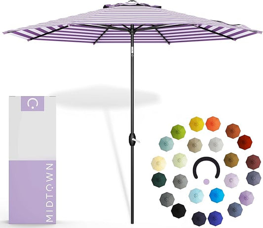 Midtown Umbrellas 10-Year-No-Fade - 9 Ft - UV Proof Purple Stripe Polyester Fabric - Umbrella Outdoor Patio, Auto-Tilt Aluminum Frame Patio Umbrella for Garden, Pool & Deck - Black Pole