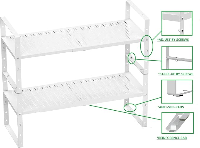 Expandable Spice Rack, Stackable Metal Pantry Storage Shelves Stand, Adjustable Height Cabinet Shelf Organizer Racks(3PACKS/WHITE,LARGE)