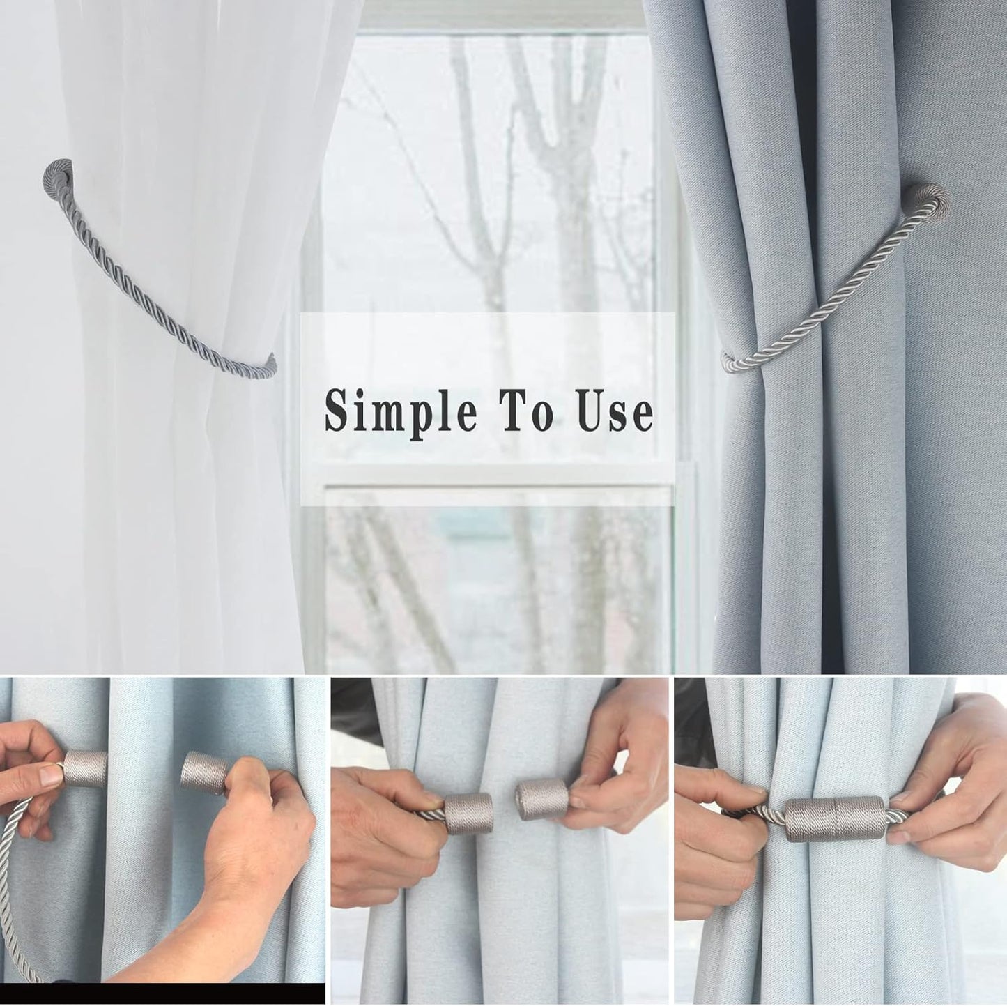 Magnetic Curtain Tiebacks 4 Pack Grey Curtain Rope Tieback Curtain Holders for Drapes Modern Tie Backs Decorative Curtain Holdbacks