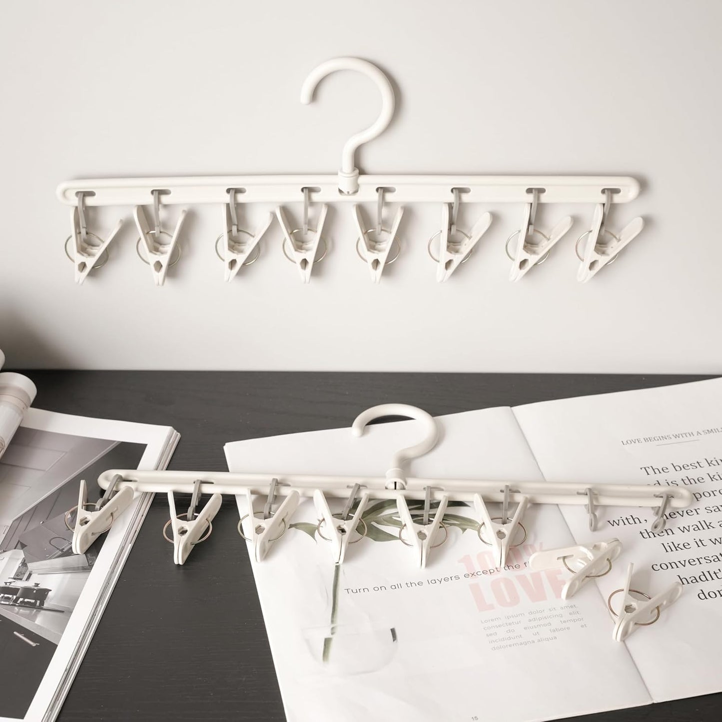 Clothes Hanger 2 Pack with 8 Clips,Clothes Drying Racks Windproof for Drying Socks Bras Underwears Baby Clothes, Hats Scarfs Towels Pants and Gloves Diaper