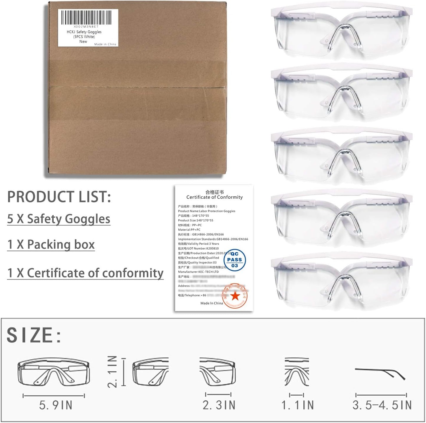 Safety Glasses, 5PCS Adjustable Wide-Vision Protective Glasses, Lightweight Fog-Proof Safety Goggles