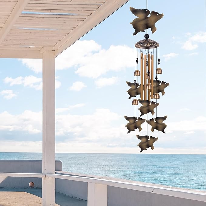Outdoor Flying Pigs Wind Chimes Decor, Memorial Windchime, Bronze Wind Bells, Retro Wind Chime, Blessing Windchimes for Home, Balcony, Room, Xmas, Party, Indoor, Garden Decoration, Gifts for Mom