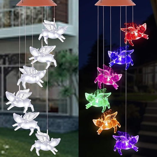 Solar Fly Pigs Wind Chimes, Outdoor Waterproof Mobile Romantic LED Multi Color-Changing Solar Sensor Powered Pig Wind Chimes Lights for Home, Yard, Night Garden, Party, Valentines Gift, Festival Decor