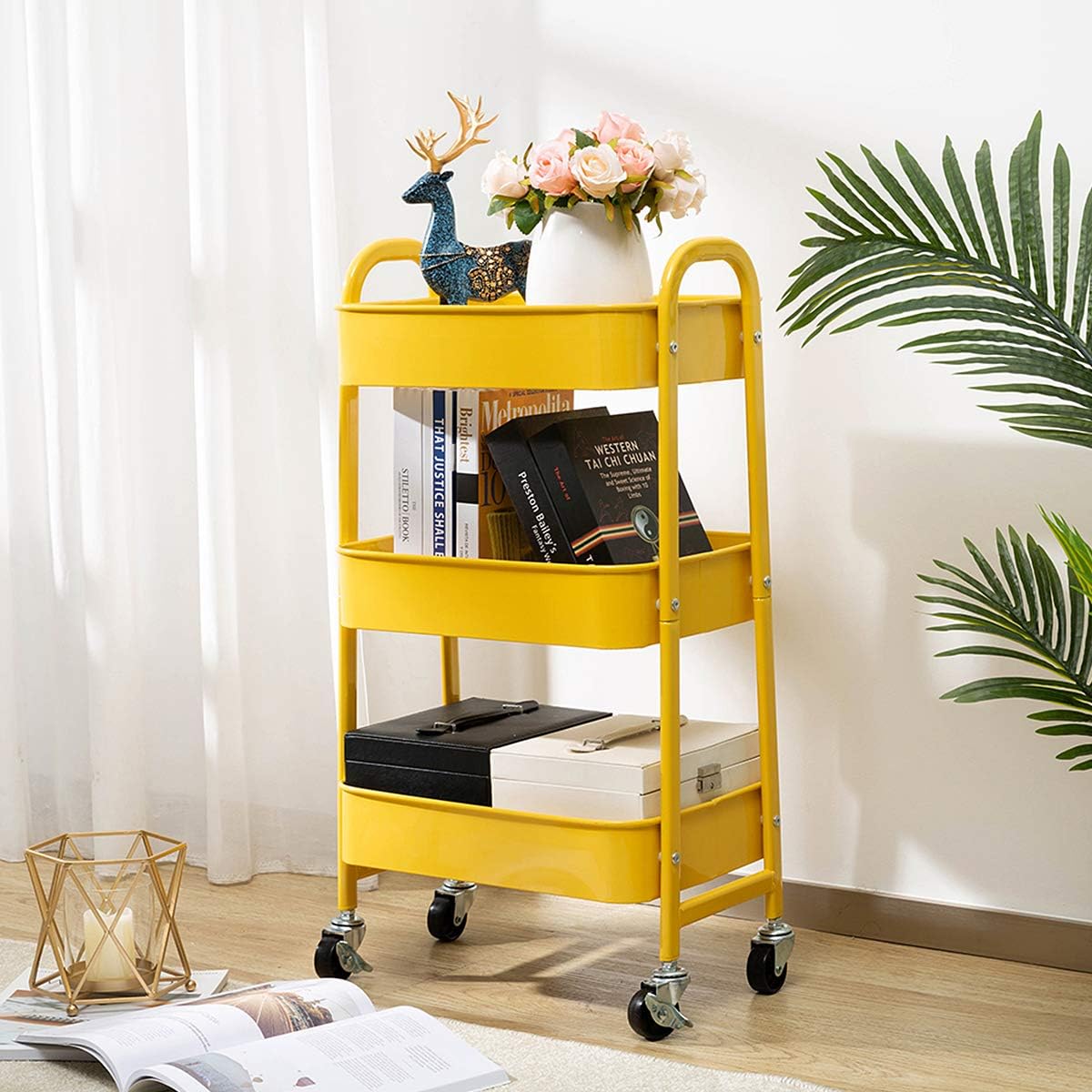 AGTEK Makeup Cart, Movable Rolling Organizer Cart, 3 Tier Metal Utility Cart, Yellow