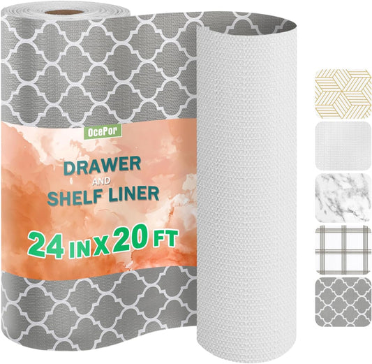 OcePor Non-Adhesive Drawer and Shelf Liner 24IN x 20FT，Non Slip Cabinet and Cupboard Liner, Kitchen Cabinet Liners for Shelves, Waterproof Drawer Shelf Liners for Cabinets/Bathroom Cupboard
