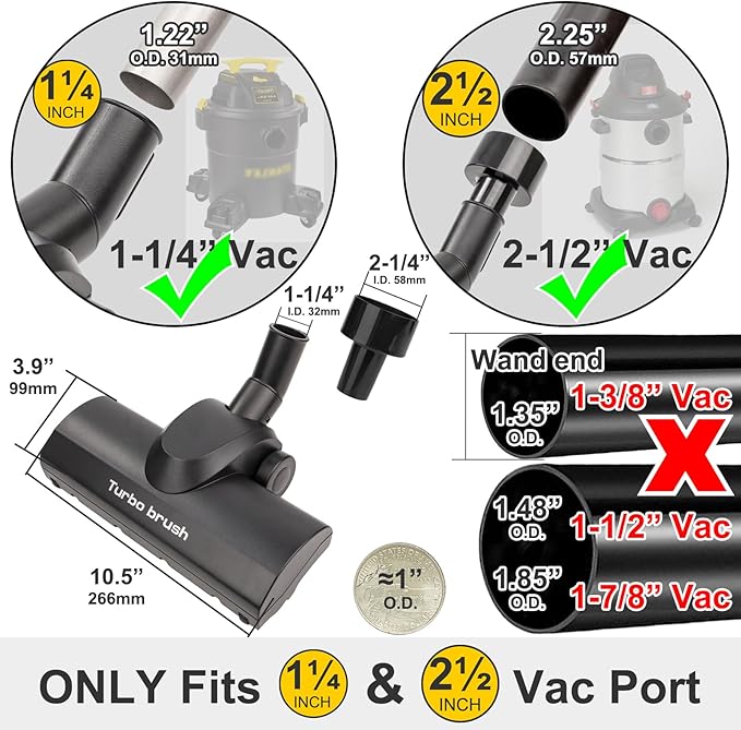 Turbo Brush Head Shop Vac Accessory 1.25" with 2.5" Hose Adapter, as 1-1/4" 2-1/2" Shopvac Attachment Wet Dry Vacuum Adaptor, Ideal for Pet Hair Removal on Carpets Area Rugs Hardfloors