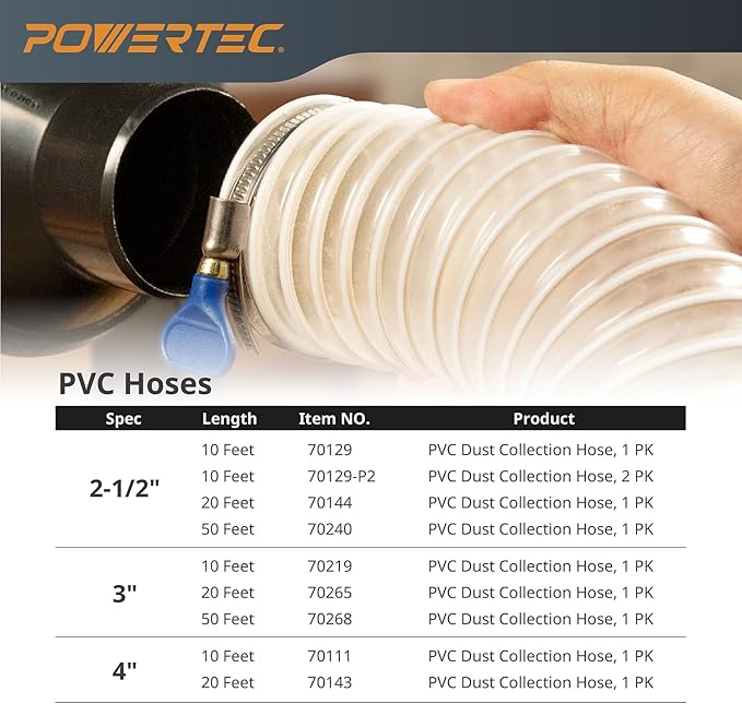 POWERTEC 4" x 20' Dust Collection Hose, 4 Inch Dust Collector Hose for Table Saw, Band Saw, Planer, Jointer, Woodworking and Wood Shop Dust Collection System (70143)
