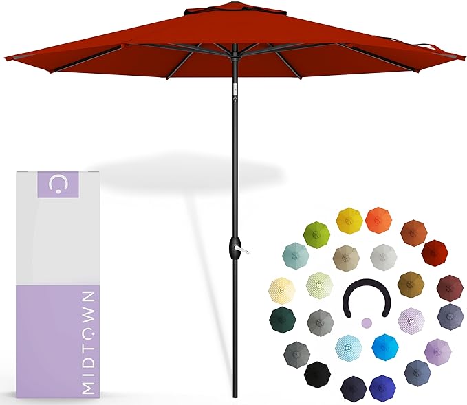 Midtown Umbrellas 10-Year-No-Fade - 9 Ft - UV Proof Apple Red Polyester Fabric - Umbrella Outdoor Patio, Auto-Tilt Aluminum Frame Patio Umbrella for Garden, Pool & Deck - Black Pole