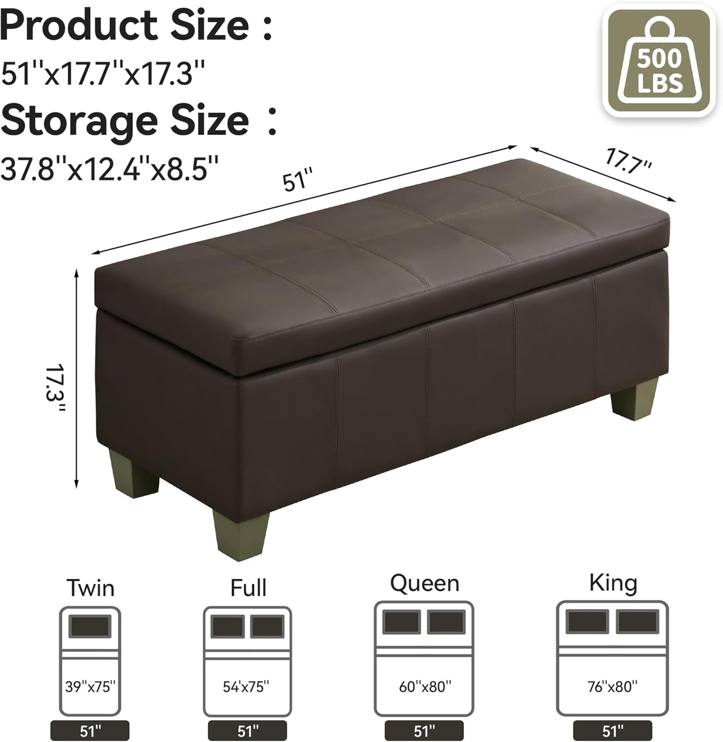 51" Faux Leather Storage Ottoman, Stitch Tufted Rectangle Upholstered End of Bed Storage Bench, Entryway Large Couch Ottoman with Wooden Legs,Brown