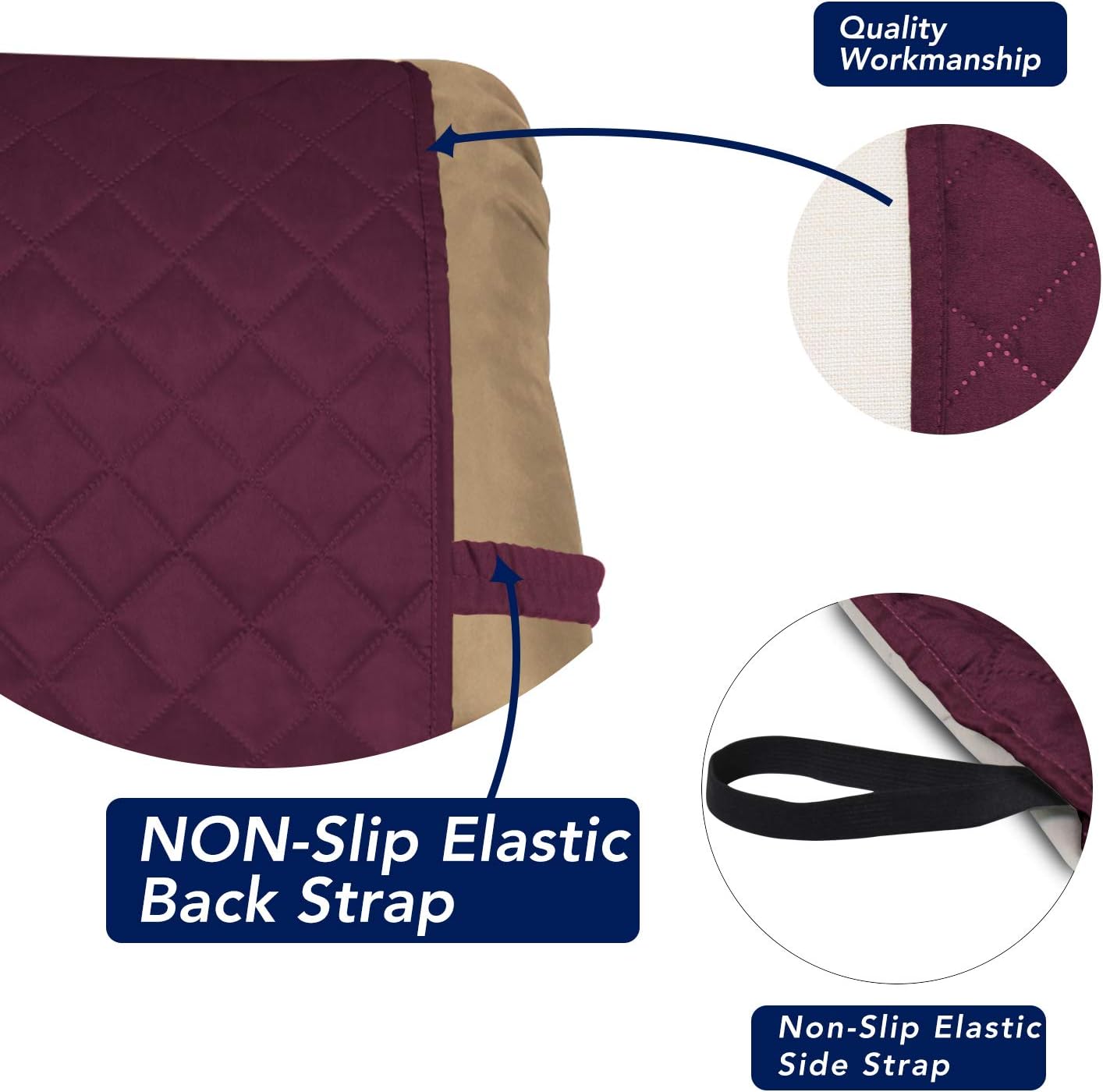 PureFit Reversible Quilted Recliner Sofa Cover, Water Resistant Slipcover Furniture Protector, Washable Couch Cover with Elastic Straps for Kids, Dogs, Pets (Small, Wine/Beige)