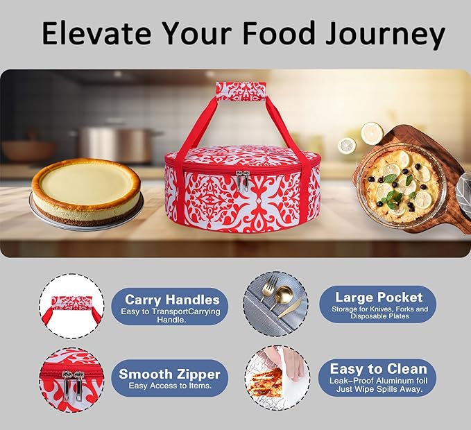 Round Insulated Pie Carrier – Thermal Portable Lunch Transport Cheesecake Cake Dish Container Bag Keep Food Hot/Cold/Fresh for Potlucks Parties Gathering/Cookouts/Church Dinner/Outdoor Events-Red