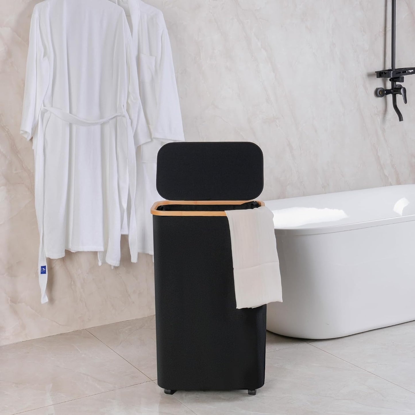 efluky Slim Laundry Basket with Wheels, Narrow Rolling Laundry Hamper with Lid and Removable Bag, Aesthetic Dirty Clothes Hamper on Wheels for Laundry Room, Bedroom, Dorm and Bathroom, 75L Dark Black