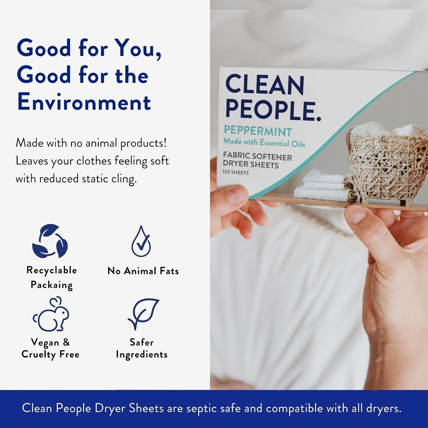 The Clean People Fabric Softener Sheets - Dryer Sheets - Softens & Removes Static - Vegan Laundry Softener With Essential Oils - Peppermint 360 Pack