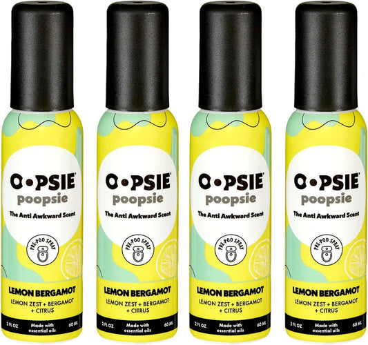 OOPSIE POOPSIE - Lemon Bergamont - Before & After You Go Toilet Spray 2oz - Portable Odor Eliminator - 4 Pack