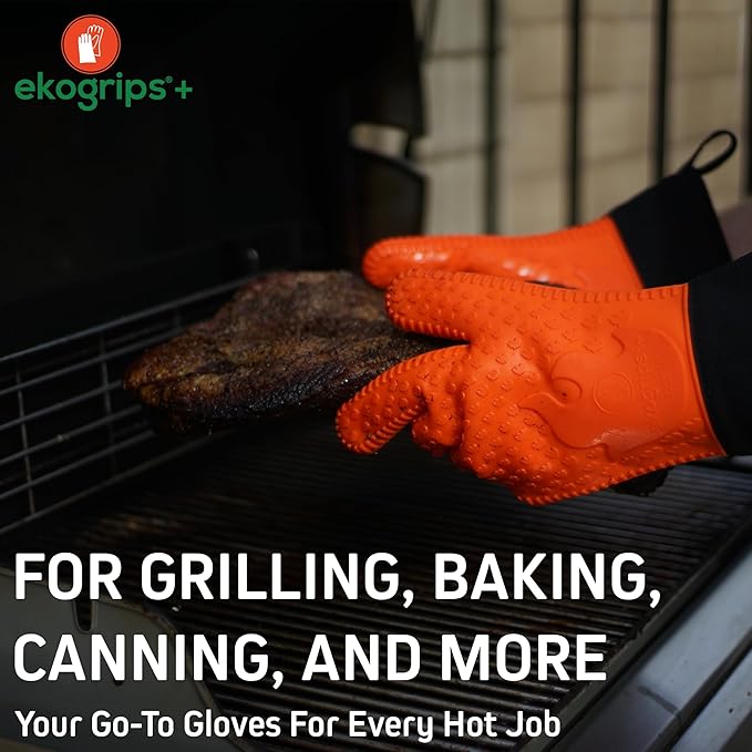 Ekogrips+ Premium Silicone Oven Mitts - Comfy, Waterproof, Heat Resistant BBQ Gloves for Grilling, Long Cuff for Added Protection, 5 Finger Dexterity, 3 Sizes, 4 Colors, L/XL, Black