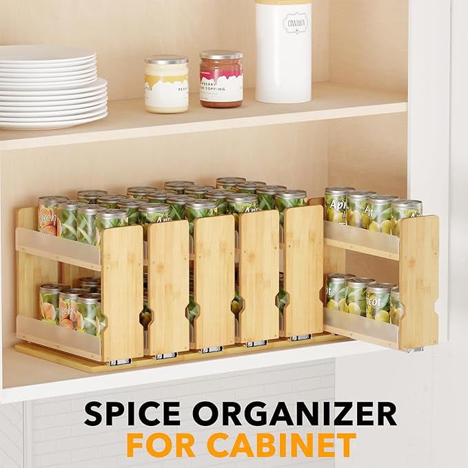 SpaceAid Bamboo Pull Out Spice Rack Organizer for Cabinet, Heavy Duty Slide Out Seasoning Kitchen Pantry Sliding Vertical Organization, 7.3" Wide, 2 Drawers(3" Wide), 2-Tier, Natural