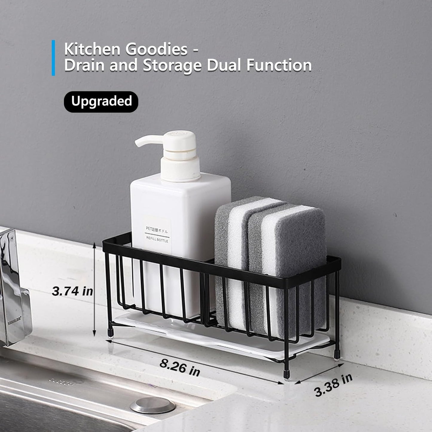 Kavciva Sink Caddy Sponge Holder,304 Stainless Steel Dish Brush Holder,Kitchen Countertop Sink Rack,Dish Soap Holder,Dishwashing Tool Drying Tray with Adjustable Partitions,Essential Kitchen Shelves