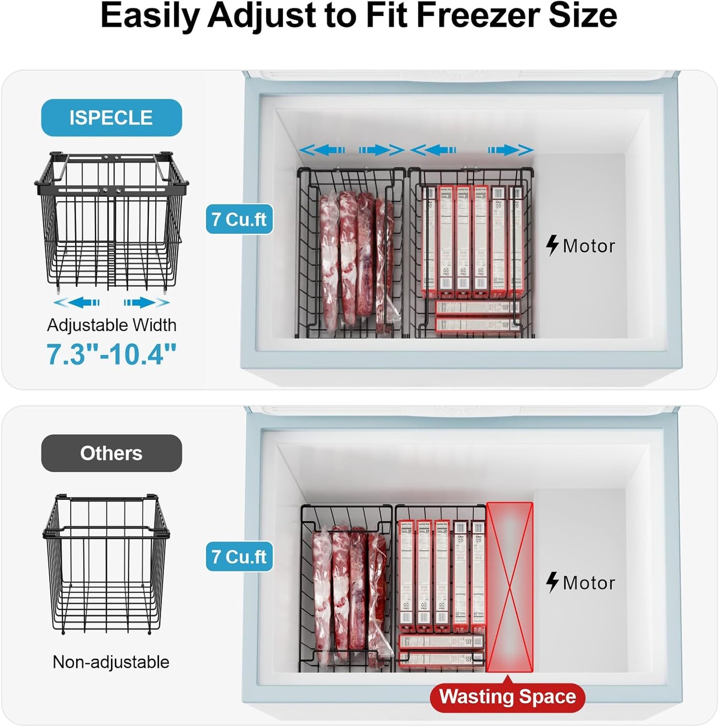 iSPECLE Freezer Organizer Bins - 6 Pack Adjustable & Extra Large Chest Freezer Organizer Bins for 5 to 9 Cu.Ft Deep Freezer, Easy Organize Basket Store More, Stackable No Wasted Space, Black
