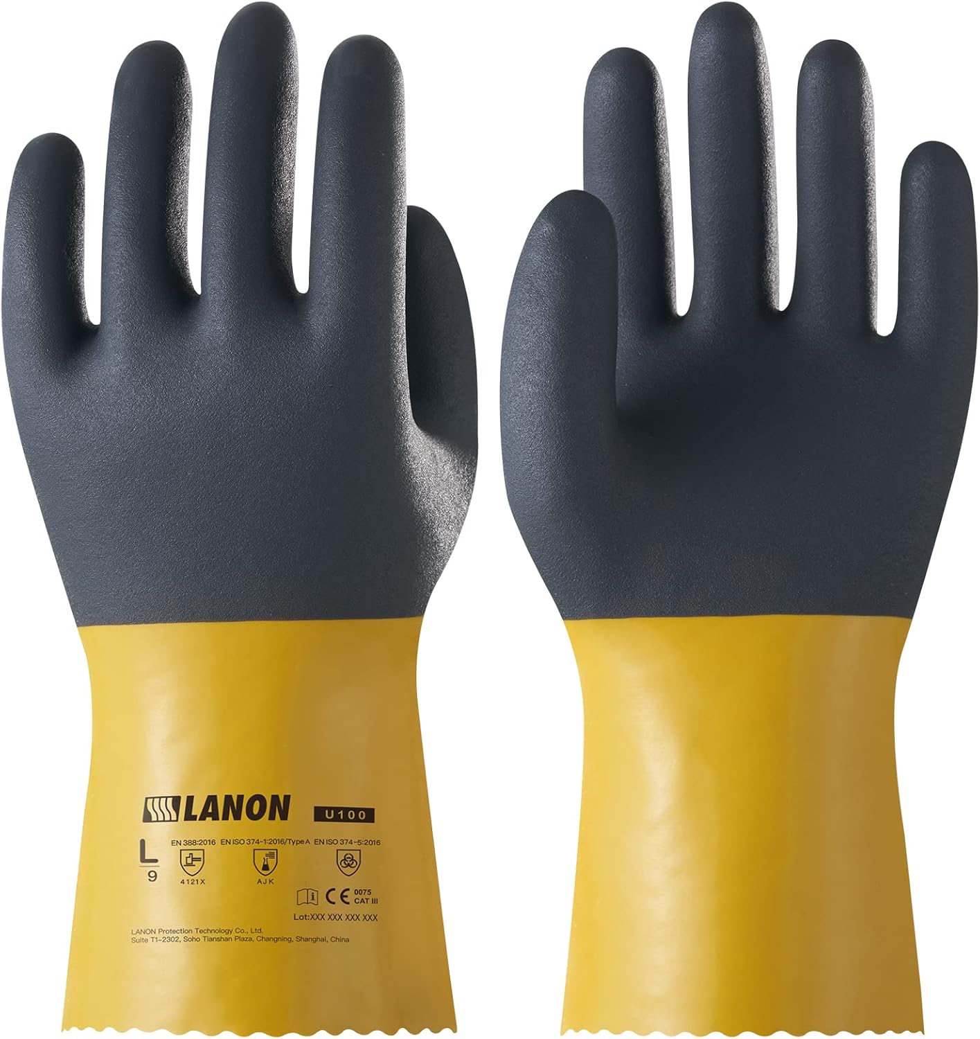 LANON 3 Pairs PVC Chemical Gloves, Thick Rubber Work Gloves, Heavy-Duty, EN 374/388, Acid, Alkali and Oil, Non-Slip, XXL